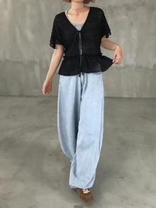 FRIFUL Women's Sheer Textured Fabric Tie-Up Layering Casual Loose Versatile Top Summer Vacation - Black - View 7