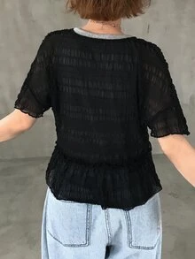 FRIFUL Women's Sheer Textured Fabric Tie-Up Layering Casual Loose Versatile Top Summer Vacation - Black - View 5