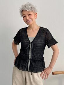 FRIFUL Women's Sheer Textured Fabric Tie-Up Layering Casual Loose Versatile Top Summer Vacation - Black - View 3