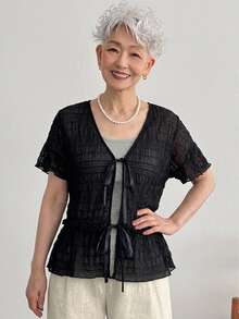 FRIFUL Women's Sheer Textured Fabric Tie-Up Layering Casual Loose Versatile Top Summer Vacation - Black - View 4