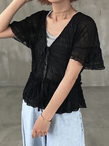 FRIFUL Women's Sheer Textured Fabric Tie-Up Layering Casual Loose Versatile Top Summer Vacation - Black - View 9