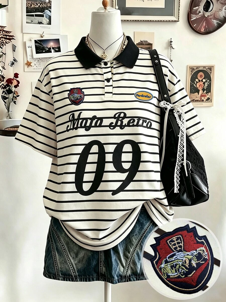 Lalippa 復古圖案印花條紋數位拼接工藝時尚極簡女款領口短袖T恤，送給朋友的禮物 - 白色 - 查看 1
