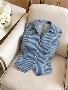 GlowEve Women's Denim Top, Vintage Light Color Striped Preppy Casual Denim Top, Versatile Denim Striped Top For Daily Casual Outings, Travel, And Back To School Season - Light Wash - View 1