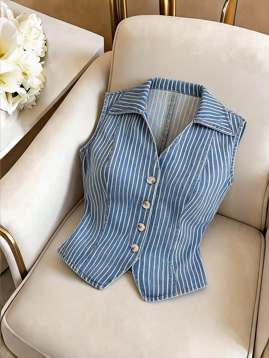 GlowEve Women's Denim Top, Vintage Light Color Striped Preppy Casual Denim Top, Versatile Denim Striped Top For Daily Casual Outings, Travel, And Back To School Season - Light Wash - View 1
