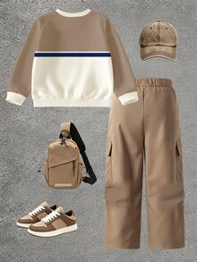 Boys Brown White Color Block Letter Print Side Stripes Sweaters Set Fall Loose Cargo Pockets Long Sleeve Casual Sporty Tops - Multicolor - View 2