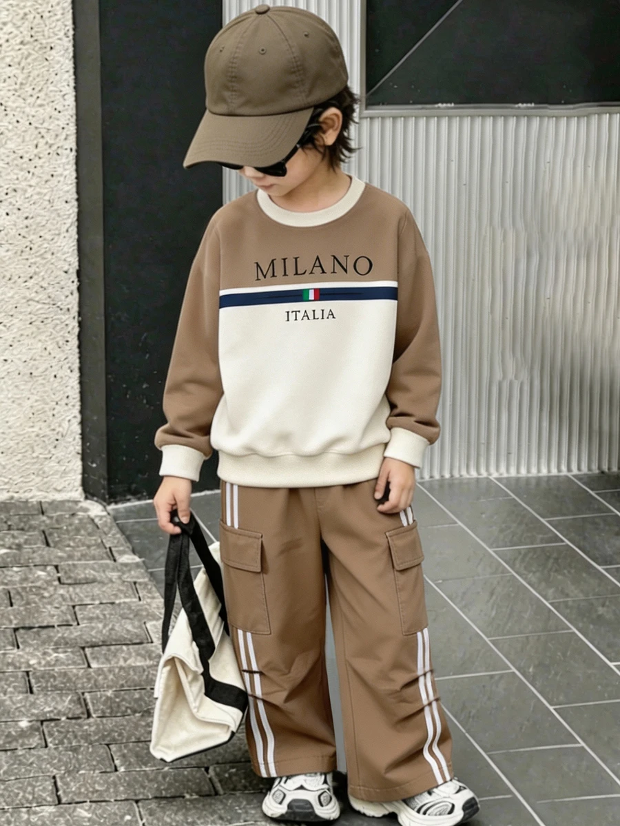 Boys Brown White Color Block Letter Print Side Stripes Sweaters Set Fall Loose Cargo Pockets Long Sleeve Casual Sporty Tops - Multicolor - View 1