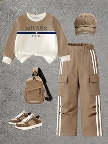 Boys Brown White Color Block Letter Print Side Stripes Sweaters Set Fall Loose Cargo Pockets Long Sleeve Casual Sporty Tops - Multicolor - View 5