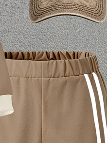 Boys Brown White Color Block Letter Print Side Stripes Sweaters Set Fall Loose Cargo Pockets Long Sleeve Casual Sporty Tops - Multicolor - View 3