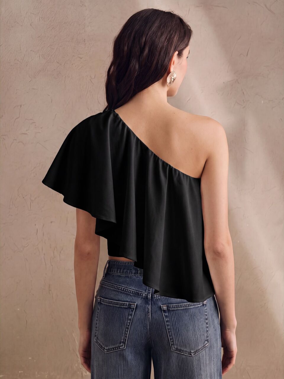 Anewsta Essential Women's New Summer Casual Asymmetric Neck Blouse, Asymmetrical Ruffle Hem, Solid Color, Elegant Top For Daily Wear, Vacation And Commute