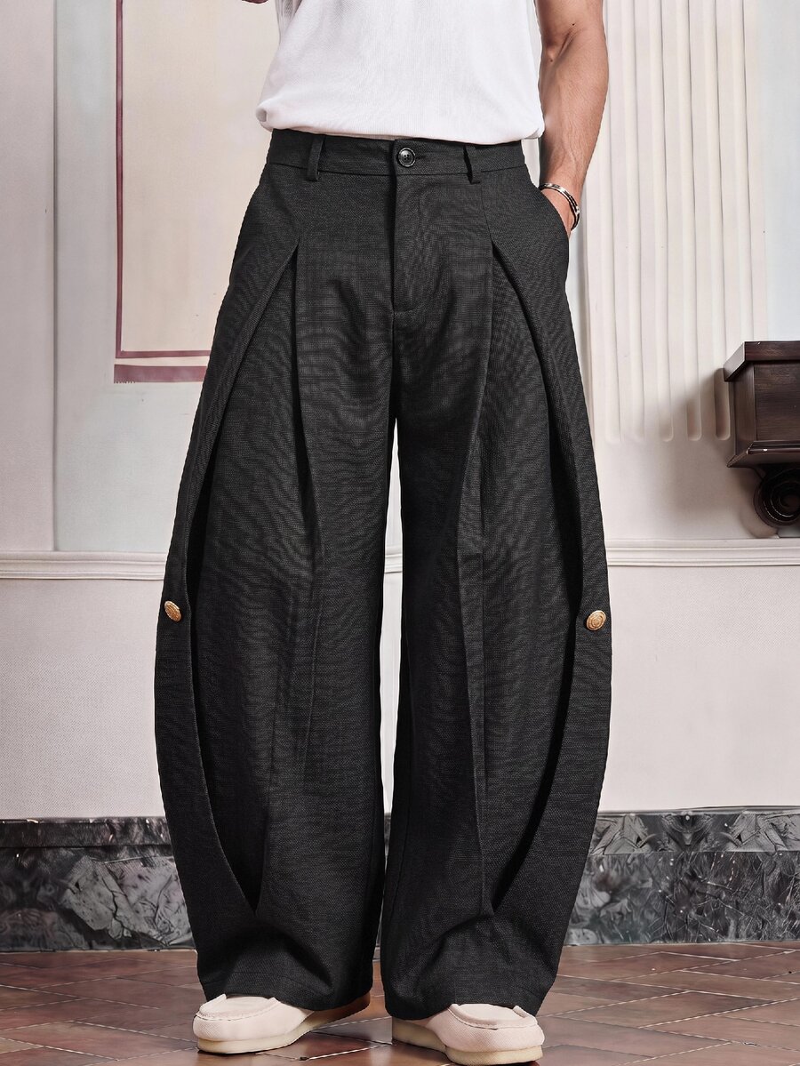SWAVVY Men's Solid Color Slant Pocket Pleated Casual Pants - Black - View 1