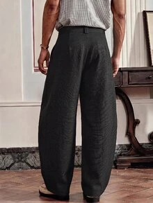 SWAVVY Men's Solid Color Slant Pocket Pleated Casual Pants - Black - View 3