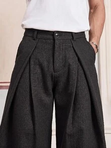 SWAVVY Men's Solid Color Slant Pocket Pleated Casual Pants - Black - View 4