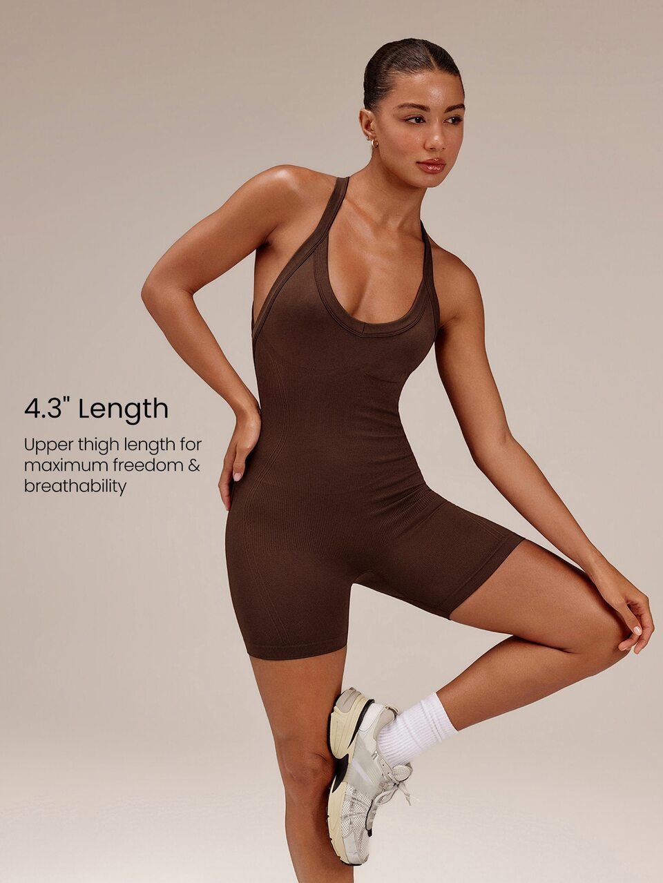 4.3" Seamless Sculpt Mode Open-Back Bodysuit With Butt Scrunch & Ribbed Paneling Low Impact Training Workout Gym Fitness Active Wear