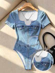 Resyla Cowboy Print Square-Neck Jumpsuit, Summer Short Sleeves, Slim Fit, V-Shaped Small Slit Design Romper - Multicolor - View 1