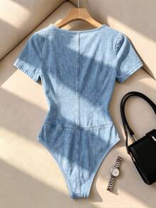 Resyla Cowboy Print Square-Neck Jumpsuit, Summer Short Sleeves, Slim Fit, V-Shaped Small Slit Design Romper - Multicolor - View 2