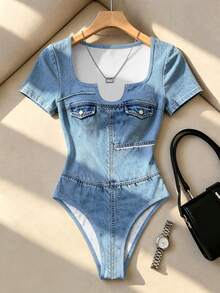 Resyla Cowboy Print Square-Neck Jumpsuit, Summer Short Sleeves, Slim Fit, V-Shaped Small Slit Design Romper - Multicolor - View 3
