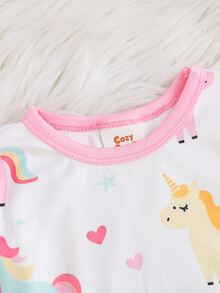 Cozy Pixies 2件組女嬰兒童休閒日常舒適獨角獸圖案滿版印花圓領套頭長袖睡衣上衣與長褲針織修身居家服套裝 - 粉色 - 查看 3