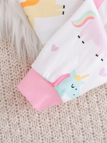 Cozy Pixies 2件組女嬰兒童休閒日常舒適獨角獸圖案滿版印花圓領套頭長袖睡衣上衣與長褲針織修身居家服套裝 - 粉色 - 查看 4