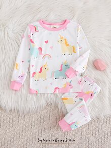 Cozy Pixies 2件組女嬰兒童休閒日常舒適獨角獸圖案滿版印花圓領套頭長袖睡衣上衣與長褲針織修身居家服套裝 - 粉色 - 查看 8
