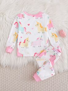 Cozy Pixies 2件組女嬰兒童休閒日常舒適獨角獸圖案滿版印花圓領套頭長袖睡衣上衣與長褲針織修身居家服套裝 - 粉色 - 查看 2
