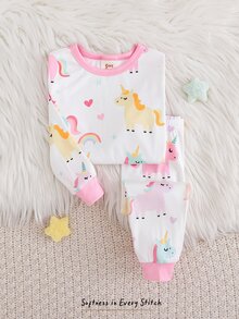 Cozy Pixies 2件組女嬰兒童休閒日常舒適獨角獸圖案滿版印花圓領套頭長袖睡衣上衣與長褲針織修身居家服套裝 - 粉色 - 查看 9