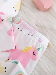 Cozy Pixies 2件組女嬰兒童休閒日常舒適獨角獸圖案滿版印花圓領套頭長袖睡衣上衣與長褲針織修身居家服套裝 - 粉色 - 查看 6