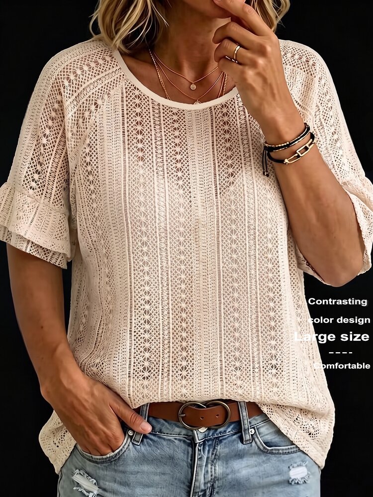 SHEIN CURVE+ ملابس علوية نسائية مقاس كبير بتصميم دانتيل مفرغ، موضة عطلات الشاطئ، متعددة الاستخدامات، بياقة دائرية - لون مشمشي - مشاهدة 7