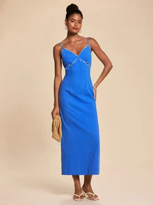 Travachic Elegant Embroidered Spaghetti Strap Dress - Blue - View 5