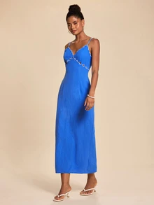 Travachic Elegant Embroidered Spaghetti Strap Dress - Blue - View 6