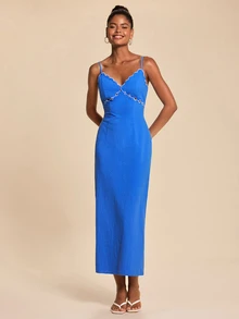 Travachic Elegant Embroidered Spaghetti Strap Dress - Blue - View 7