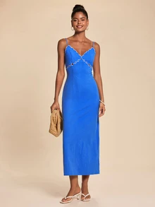 Travachic Elegant Embroidered Spaghetti Strap Dress - Blue - View 4