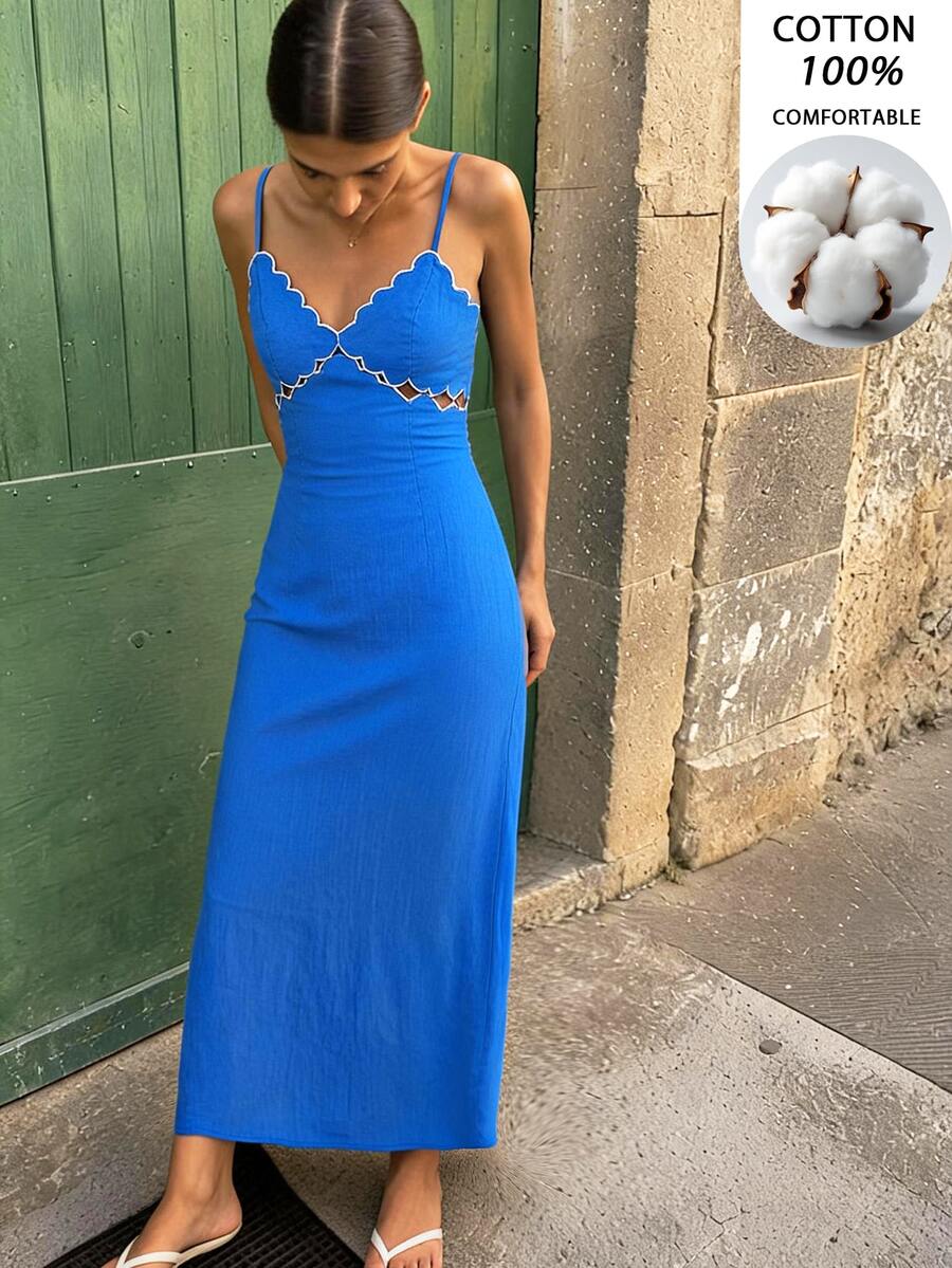 Travachic Elegant Embroidered Spaghetti Strap Dress - Blue - View 1