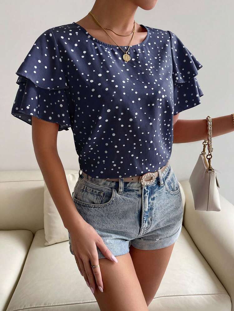 SHEIN Holidaya Women's Polka Dot Print Round Neck Ruffle Short Sleeve Blouse - Navy Blue - View 5