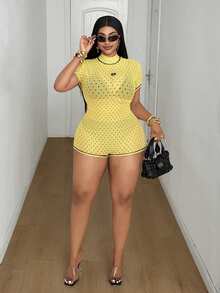 Maweii Plus Size Women's Yellow Polka Dot Mesh Romper, High Neck, Short Sleeve, Backless Design, Slim Fit, Suitable For Nightclub Parties, Pool Gatherings And Other Occasions - Yellow - View 5