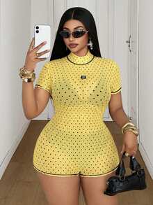 Maweii Plus Size Women's Yellow Polka Dot Mesh Romper, High Neck, Short Sleeve, Backless Design, Slim Fit, Suitable For Nightclub Parties, Pool Gatherings And Other Occasions - Yellow - View 4