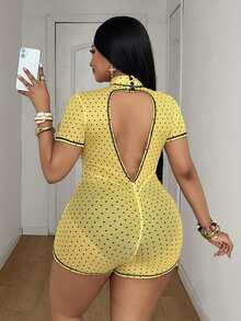 Maweii Plus Size Women's Yellow Polka Dot Mesh Romper, High Neck, Short Sleeve, Backless Design, Slim Fit, Suitable For Nightclub Parties, Pool Gatherings And Other Occasions - Yellow - View 2