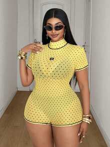 Maweii Plus Size Women's Yellow Polka Dot Mesh Romper, High Neck, Short Sleeve, Backless Design, Slim Fit, Suitable For Nightclub Parties, Pool Gatherings And Other Occasions - Yellow - View 6