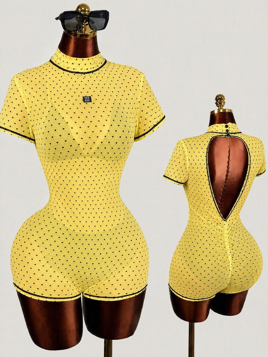 Maweii Plus Size Women's Yellow Polka Dot Mesh Romper, High Neck, Short Sleeve, Backless Design, Slim Fit, Suitable For Nightclub Parties, Pool Gatherings And Other Occasions - Yellow - View 1