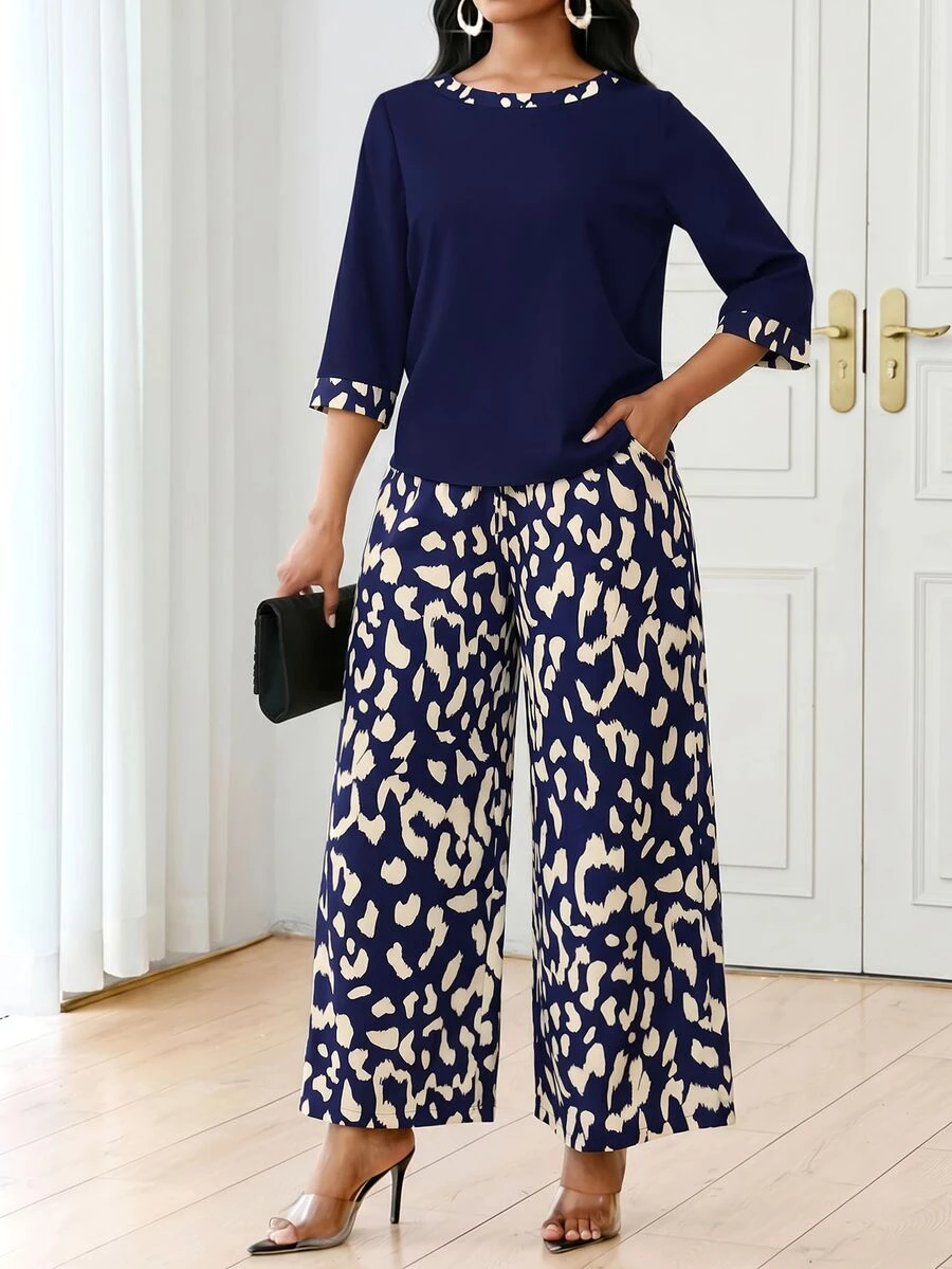 SHEIN Lady Women's Fashion Leopard Print Casual Shirt And Drawstring Waist Pocket Long Pants 2-Piece Set,Summer Outfits For Women - Multicolor - View 1