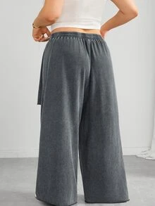 SHEIN CURVE+ 大尺碼彈性腰格紋破洞休閒工裝運動長褲 日常通勤約會度假沙灘 2026秋季 22W 灰色 - 灰色 - 查看 2