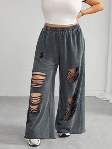 SHEIN CURVE+ 大尺碼彈性腰格紋破洞休閒工裝運動長褲 日常通勤約會度假沙灘 2026秋季 22W 灰色 - 灰色 - 查看 6