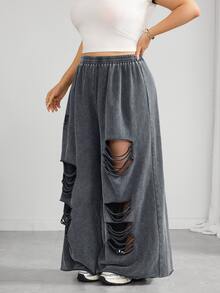 SHEIN CURVE+ 大尺碼彈性腰格紋破洞休閒工裝運動長褲 日常通勤約會度假沙灘 2026秋季 22W 灰色 - 灰色 - 查看 5
