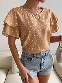 SHEIN Holidaya Women's White Polka Dot Print Round Neck Ruffle Short Sleeve Blouse Brunch Summer Casual Elegant - Khaki - View 7
