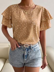 SHEIN Holidaya Women's White Polka Dot Print Round Neck Ruffle Short Sleeve Blouse Brunch Summer Casual Elegant - Khaki - View 6