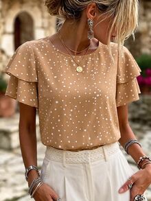 SHEIN Holidaya Women's White Polka Dot Print Round Neck Ruffle Short Sleeve Blouse Brunch Summer Casual Elegant - Khaki - View 9