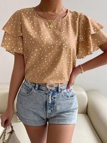 SHEIN Holidaya Women's White Polka Dot Print Round Neck Ruffle Short Sleeve Blouse Brunch Summer Casual Elegant - Khaki - View 8