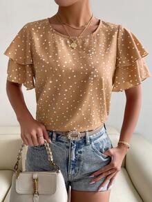 SHEIN Holidaya Women's White Polka Dot Print Round Neck Ruffle Short Sleeve Blouse Brunch Summer Casual Elegant - Khaki - View 4
