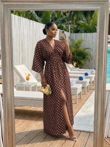 SHEIN Lady CURVE 大尺碼女款波點印花 3/4 袖開衩下擺休閒洋裝 - 棕色 - 查看 3