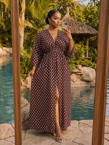 SHEIN Lady CURVE 大尺碼女款波點印花 3/4 袖開衩下擺休閒洋裝 - 棕色 - 查看 5
