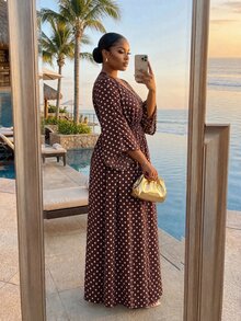SHEIN Lady CURVE 大尺碼女款波點印花 3/4 袖開衩下擺休閒洋裝 - 棕色 - 查看 2